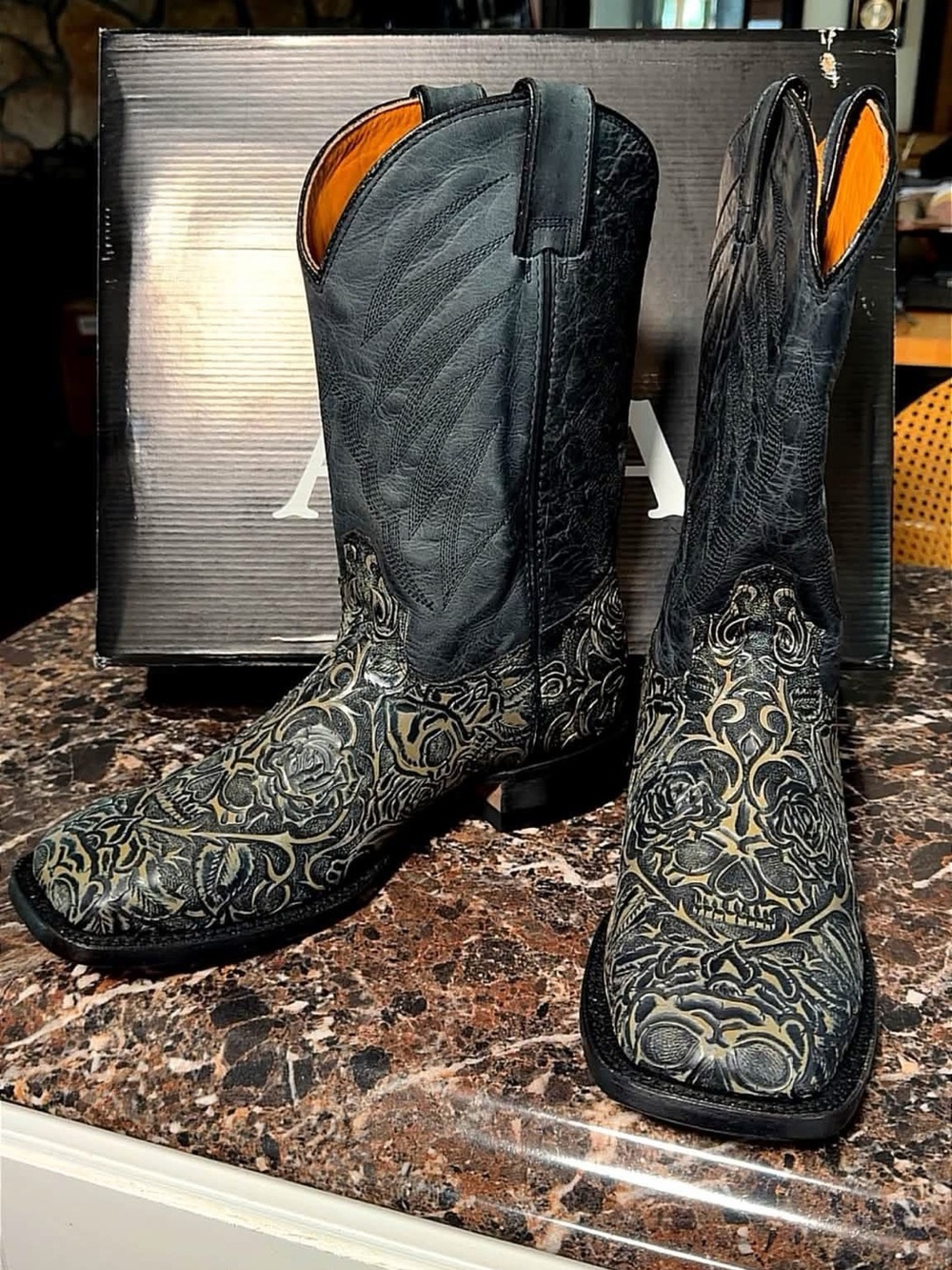 Alfa Mens Boots Washed Black "Skull & Roses"